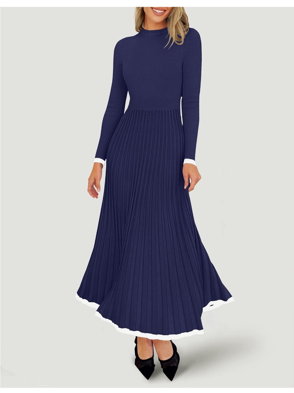 ZESICA Blue Ribbed Knit Sweater Dress White Contrast Trim Midi Maxi M